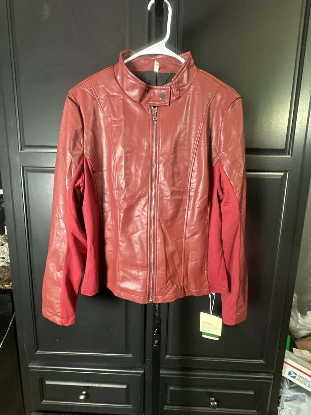 Halara Faux Leather and Knit Contrast Moto Jacket in Red#585